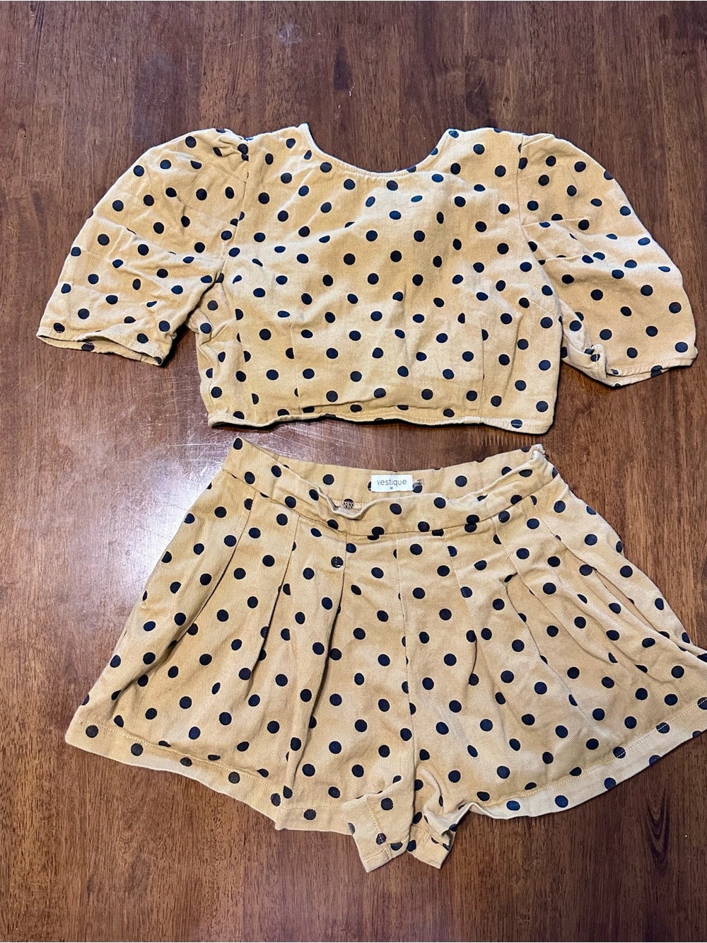 Vestique Tan with Black Polka Dot Puff Sleeve Crop Top and Shorts Set